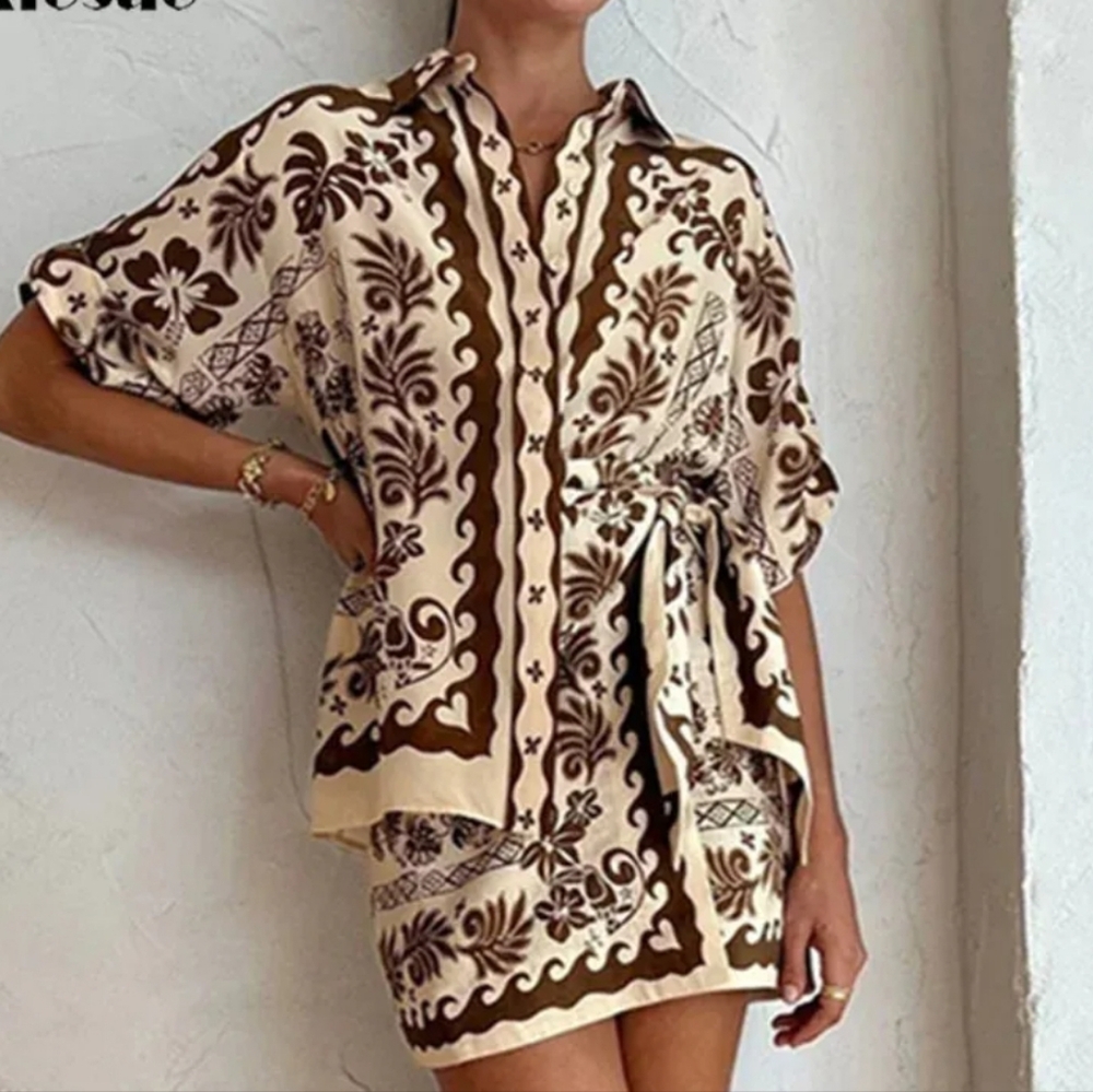 Commense Cream and Brown Printed Wrap Skirt Set